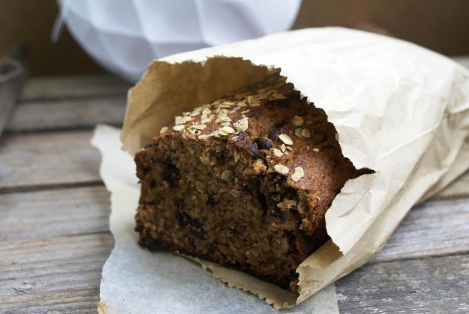 Banana bread packaged in a paper bag